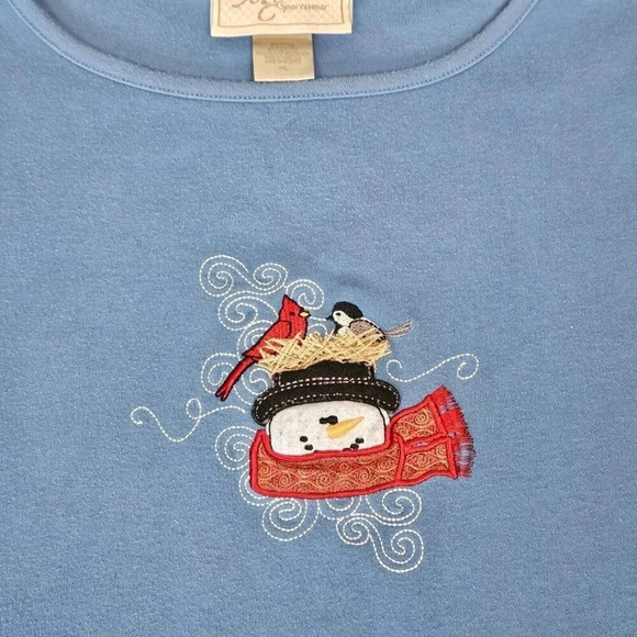 MC Sportswear Long Sleeve Light Blue Snowman Applique T-Shirt Tee Size XL Petite - Picture 2 of 10
